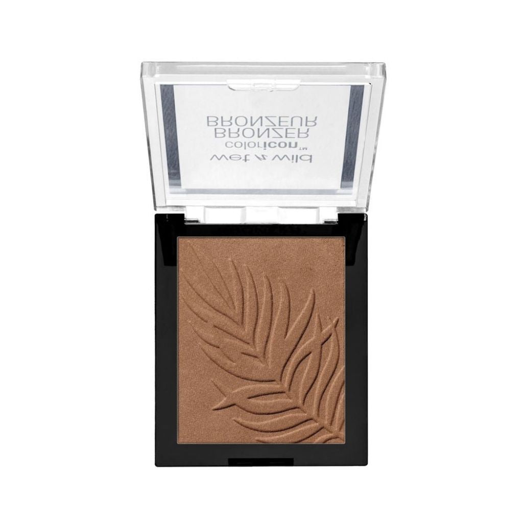 Bronzer with leaf design in a compact case on a white background