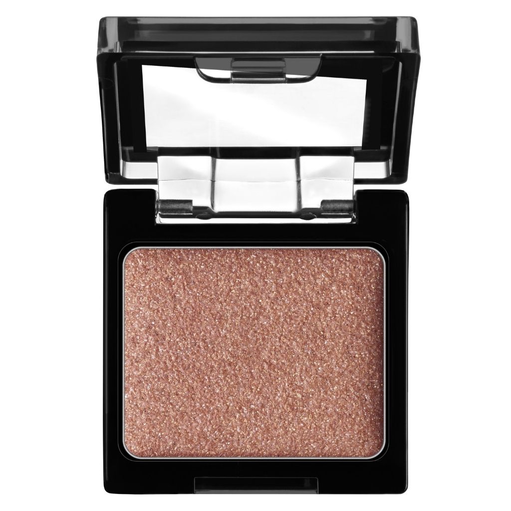 Compact eyeshadow with a sparkly brown shade on a white background