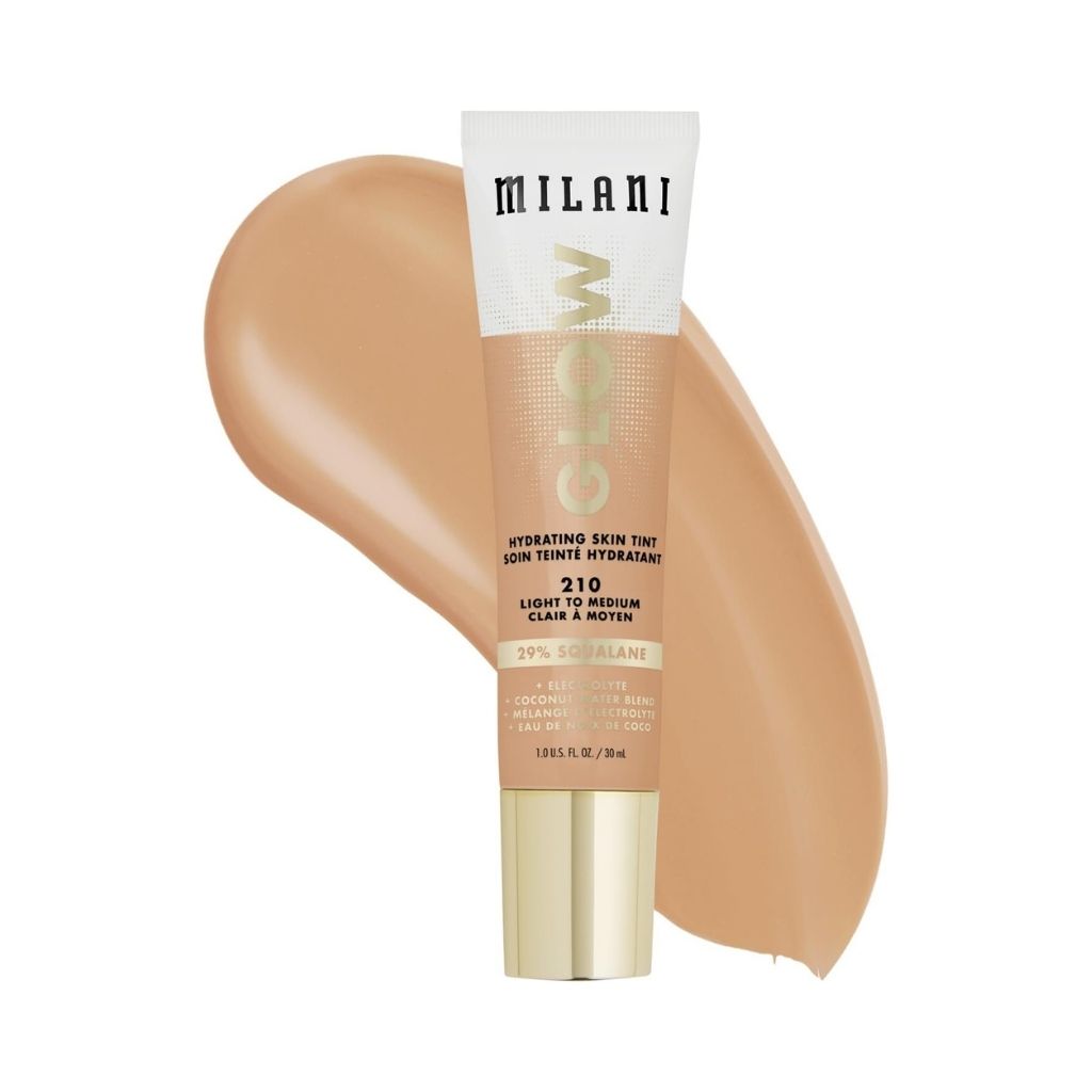 Milani hydrating skin tint with a swatch on a white background