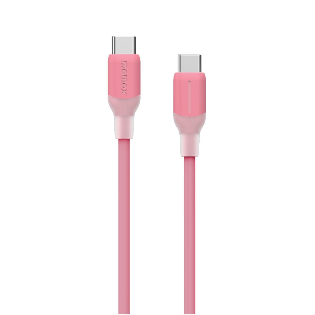 Pink USB-C cable with metallic connectors on a white background