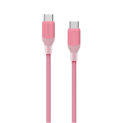 Pink USB-C cable with metallic connectors on a white background