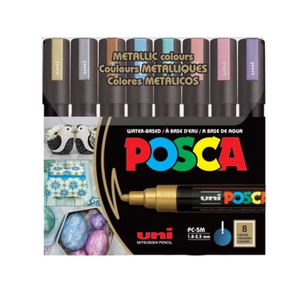 Pack of Posca markers with metallic colors on a white background