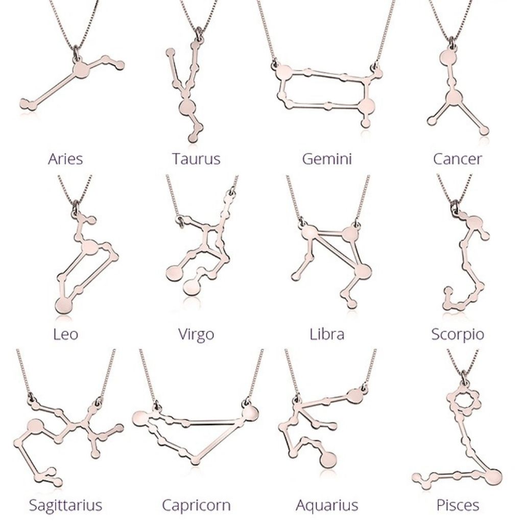 Zodiac constellation necklaces in rose gold on a white background