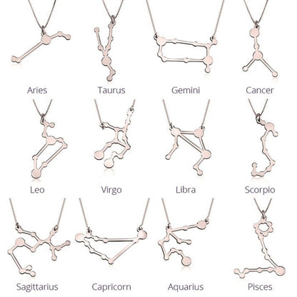 Zodiac constellation necklaces in rose gold on a white background