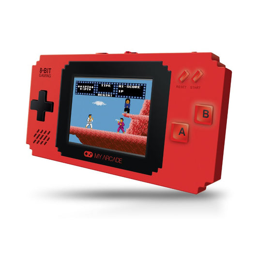 Red handheld gaming console with a screen displaying a classic video game.