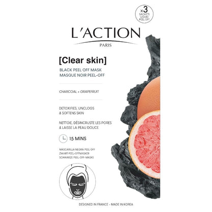 L'Action Paris black peel-off mask packaging with grapefruit and charcoal imagery on a white background.