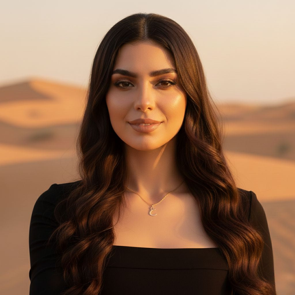 Woman with long brown hair standing in a desert landscape