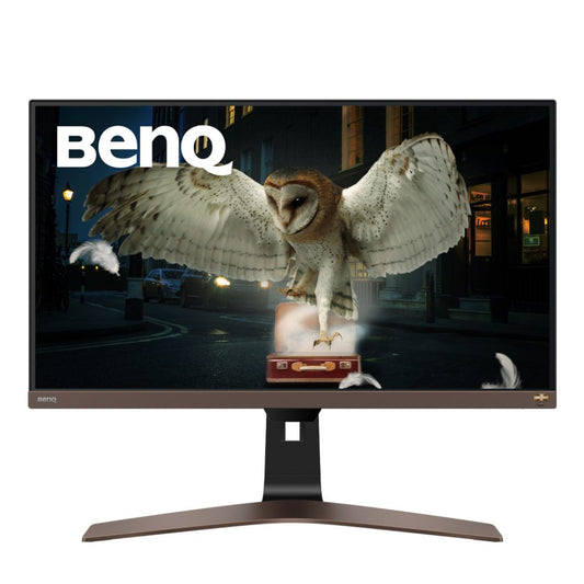 BenQ monitor displaying an owl on a city street with the BenQ logo.