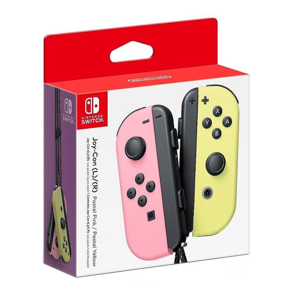 Packaging of Nintendo Switch Joy-Con controllers in Pastel Pink and Pastel Yellow on a white background.