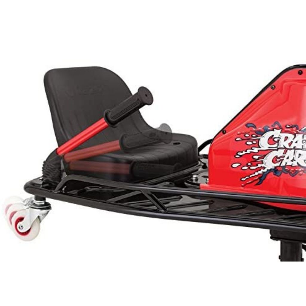 Red and black go-kart with a seat on a white background