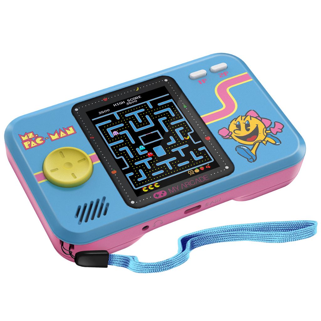 Handheld electronic game with Pac-Man design on a white background