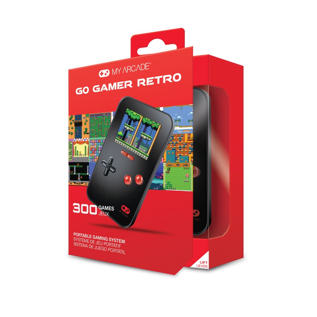 Red packaging of a retro gaming device with 'My Arcade' branding on a white background.