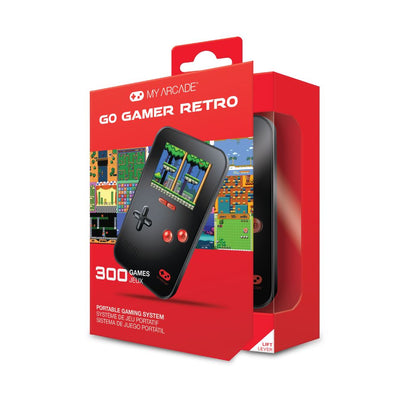 Red packaging of a retro gaming device with 'My Arcade' branding on a white background.