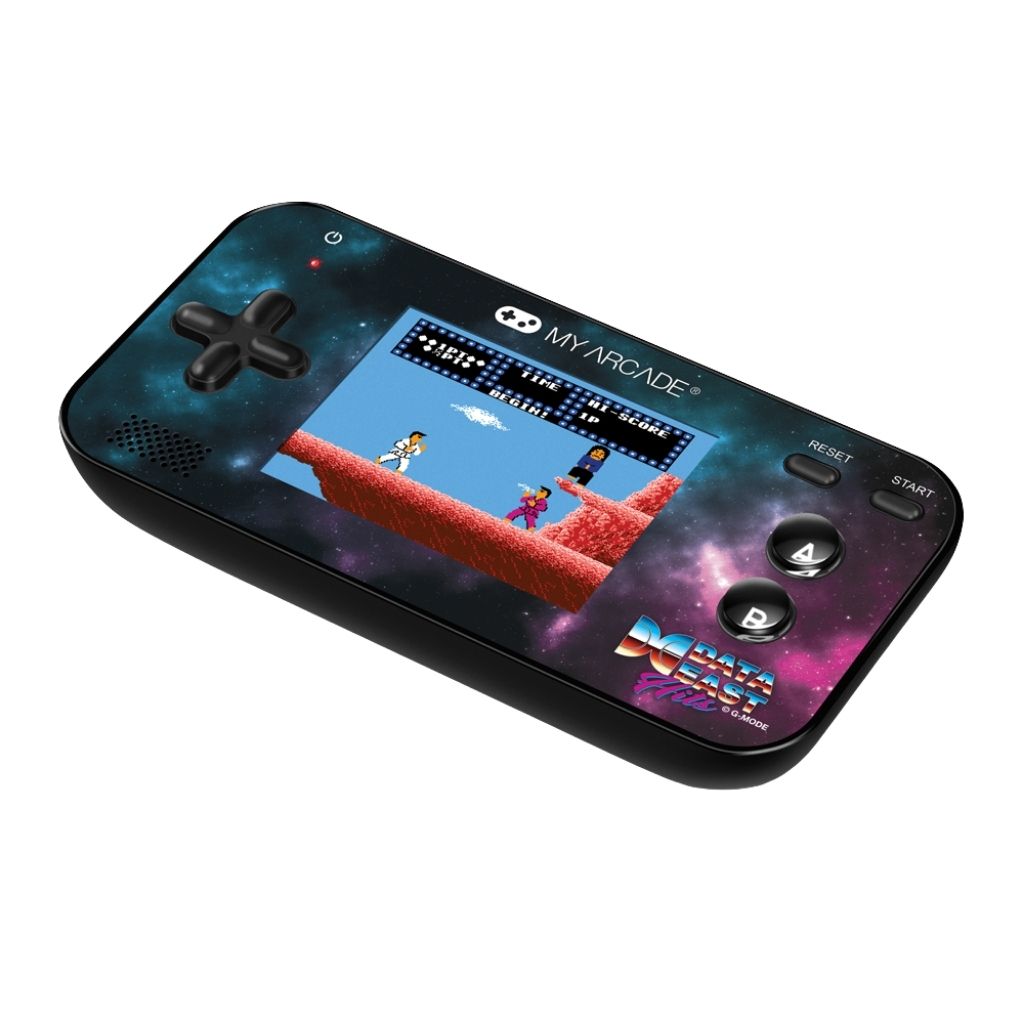 Handheld gaming console with a colorful display on a white background
