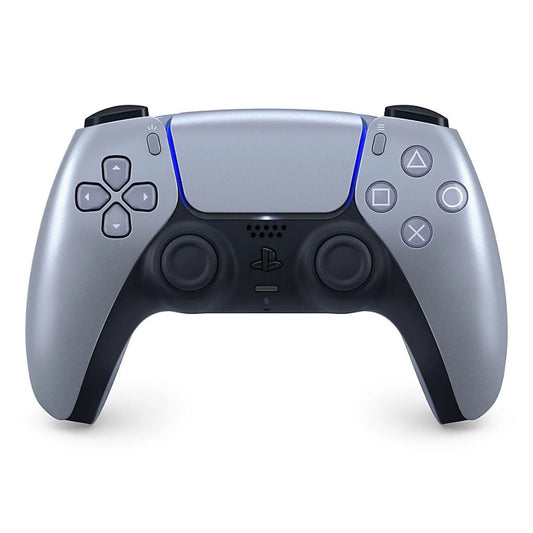 Silver and black gaming controller on a white background