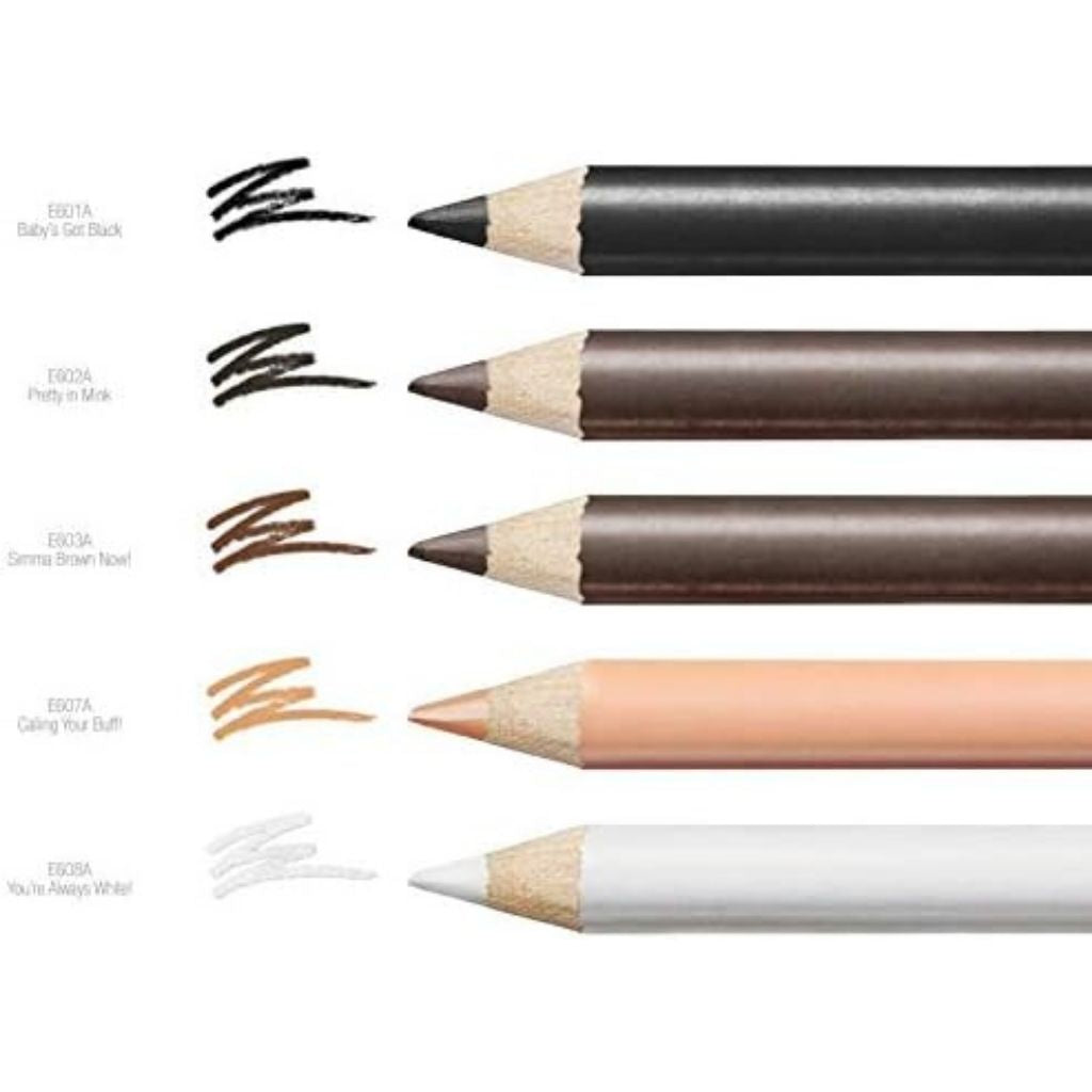 Set of makeup pencils with color swatches on a white background