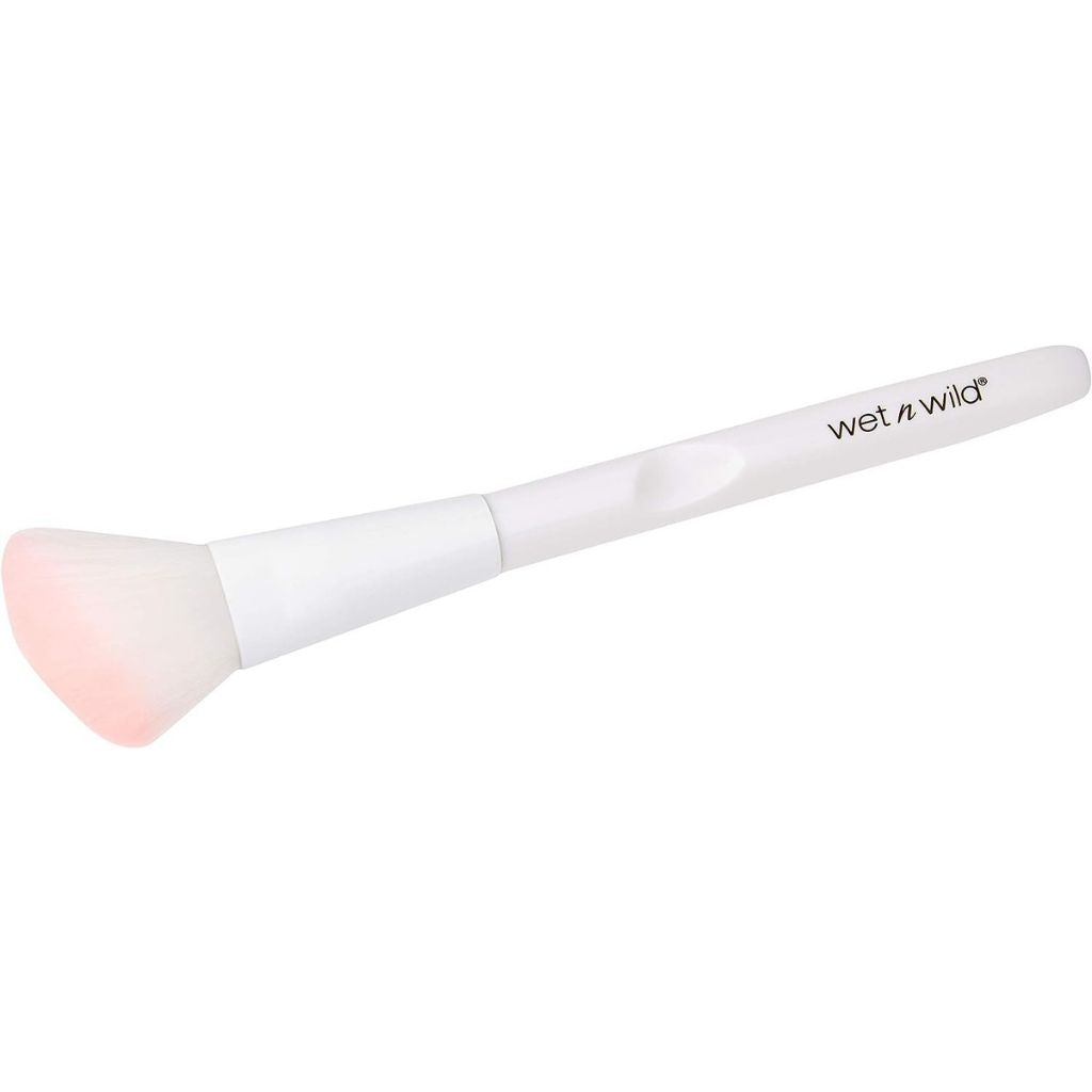 Makeup brush with pink bristle tip and white handle on a white background, featuring 'Wet n Wild' branding.