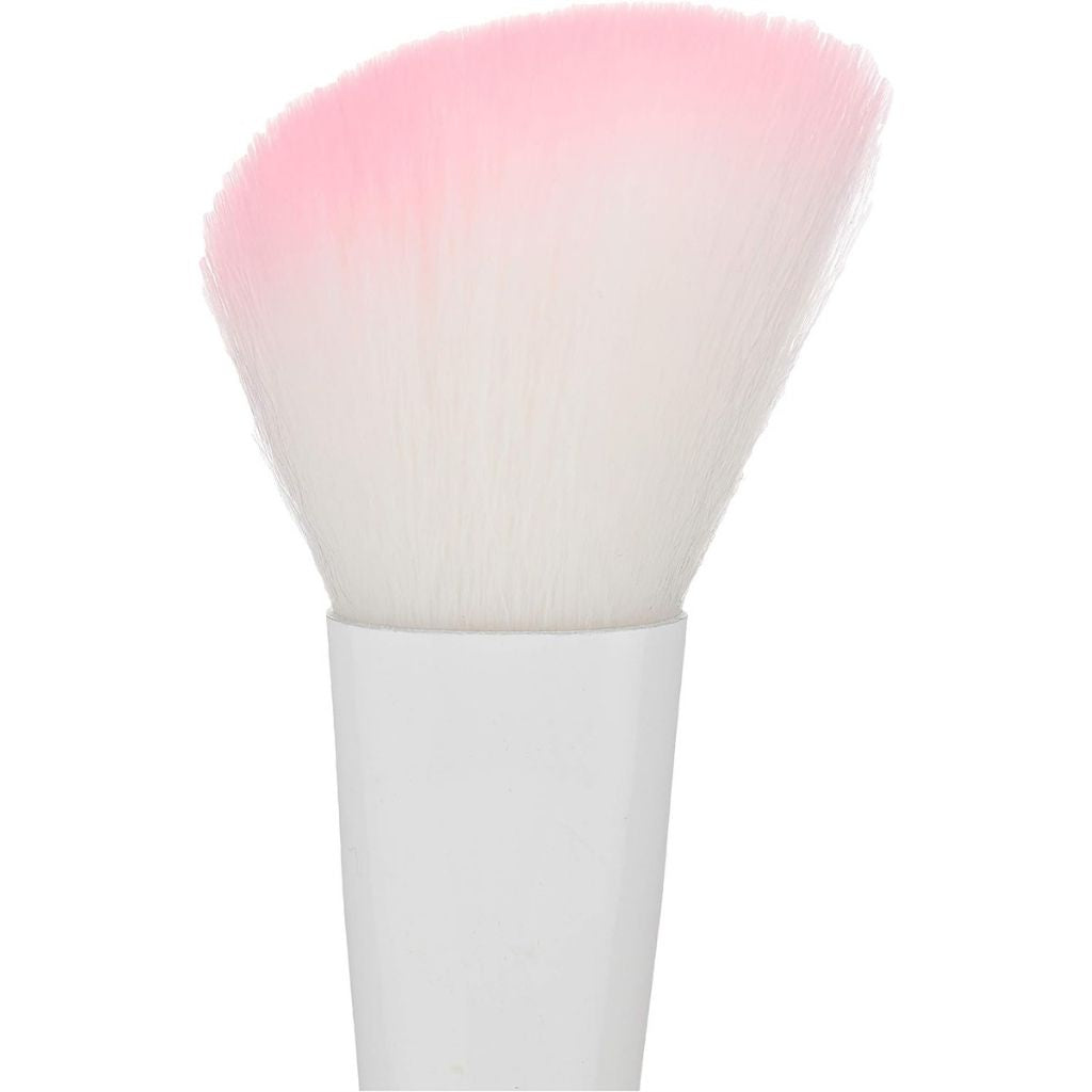 Makeup brush with pink to white gradient bristle head on a white background