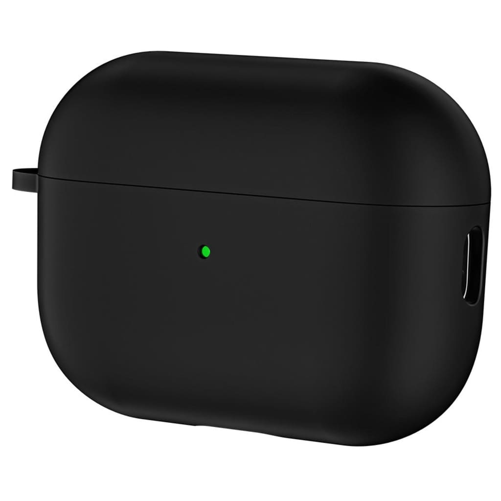 Black wireless earbud case with a green indicator light on a white background