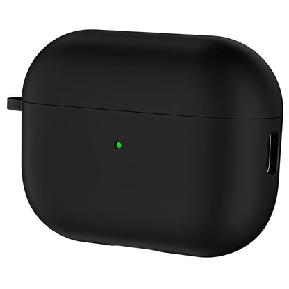 Black wireless earbud case with a green indicator light on a white background