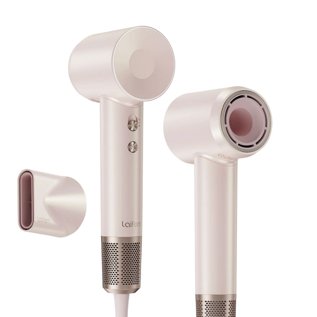 White hair dryer with attachments on a white background
