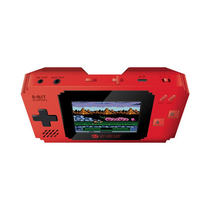 Red handheld gaming console with a screen displaying a classic game on a white background
