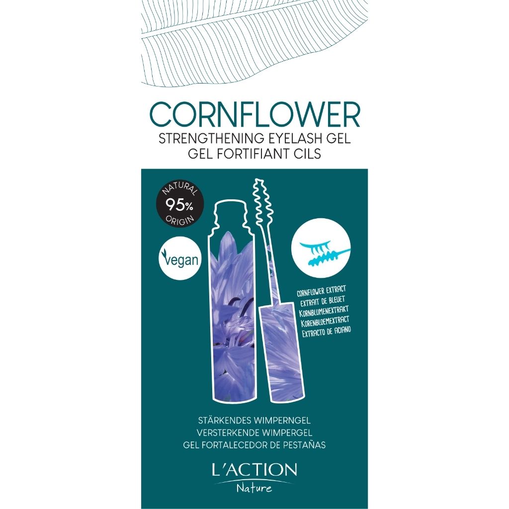 Cornflower strengthening eyelash gel packaging with branding and product illustration on a white background