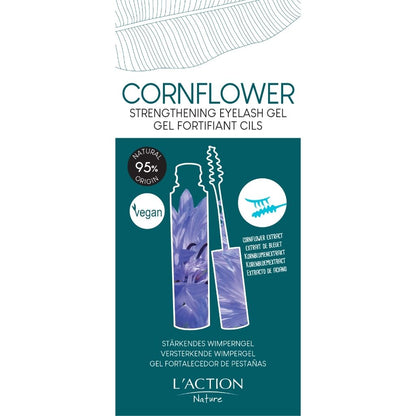 Cornflower strengthening eyelash gel packaging with branding and product illustration on a white background