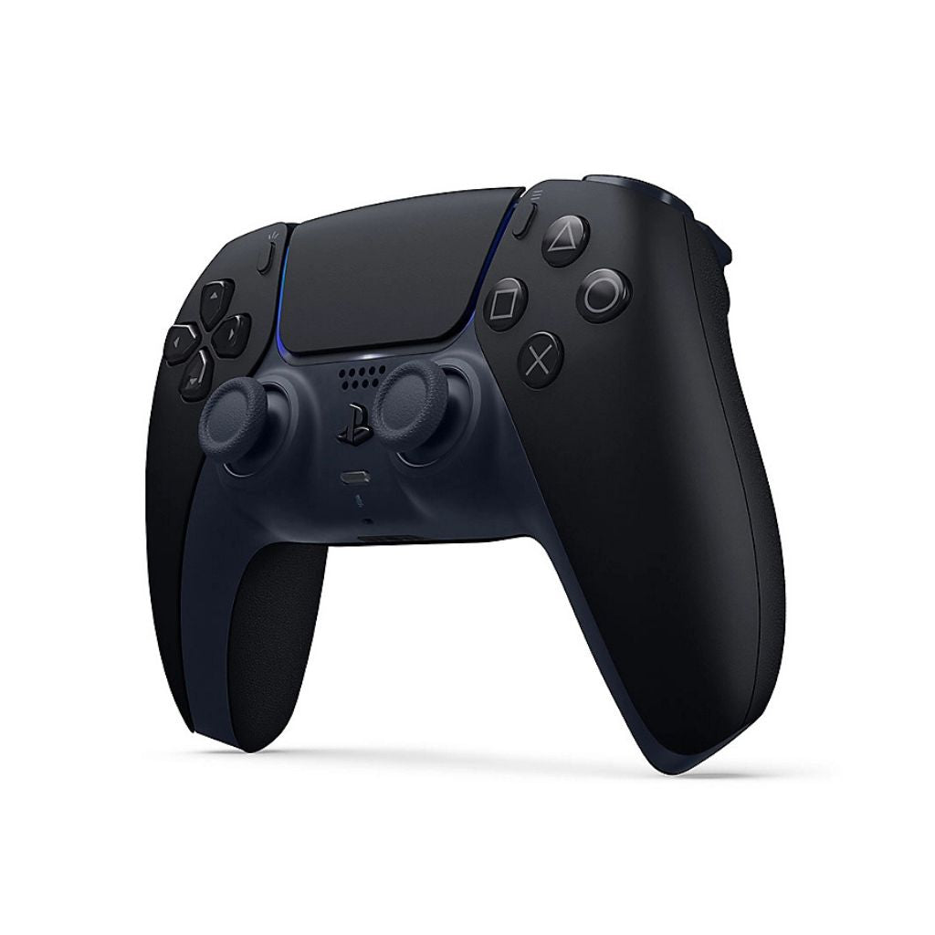 Black gaming controller on a white background