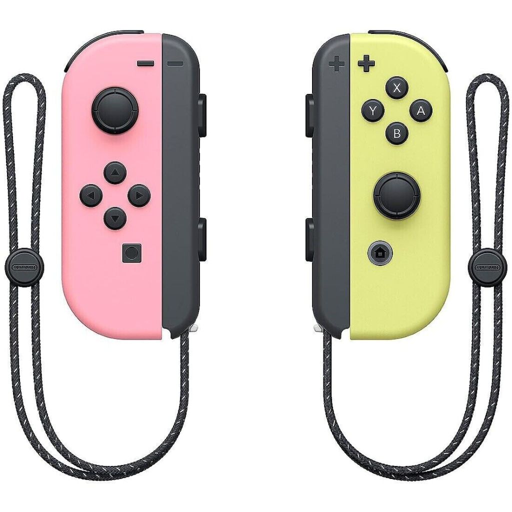 Pink and yellow gaming controllers with black accents on a white background