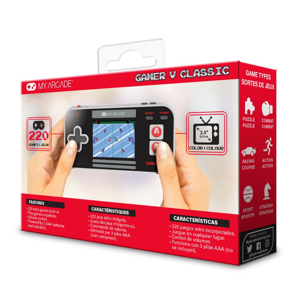 Handheld gaming console packaging with 'My Arcade' branding on a white background