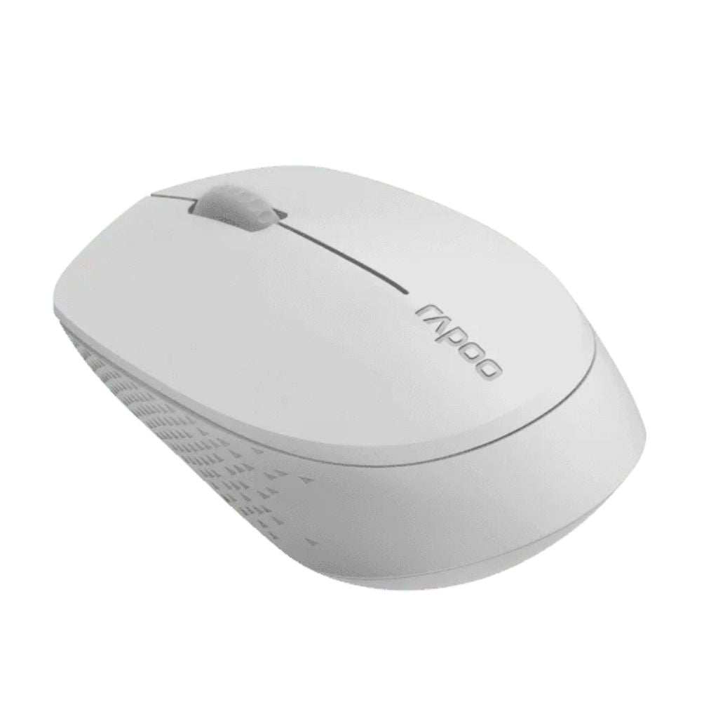 White computer mouse with 'Rapoo' branding on a white background