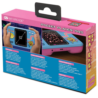 Box for My Arcade Pocket Player Pro with hands holding the device and game screen.