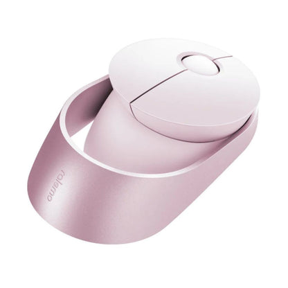 Pink computer mouse with a matching carrying case on a white background