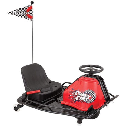 Red and black go-kart with a flag on a white background