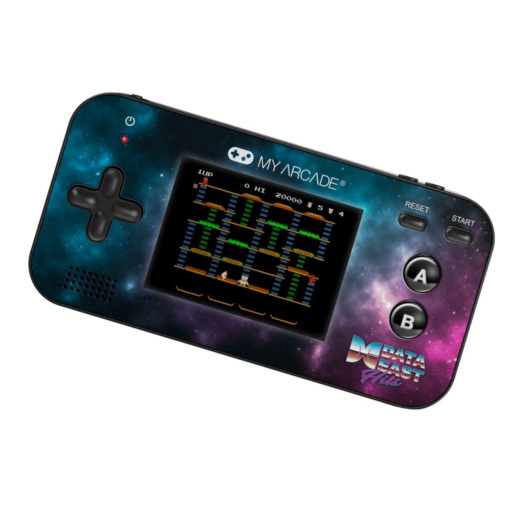 Handheld gaming console with space-themed design on a white background