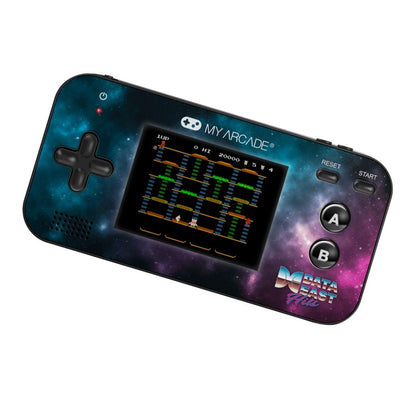 Handheld gaming console with space-themed design on a white background