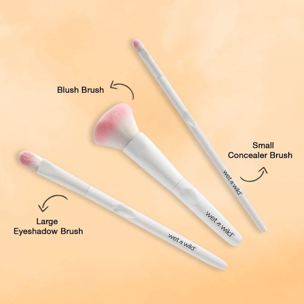 Three makeup brushes labeled 'Large Eyeshadow Brush', 'Blush Brush', and 'Small Concealer Brush' on a gradient background.