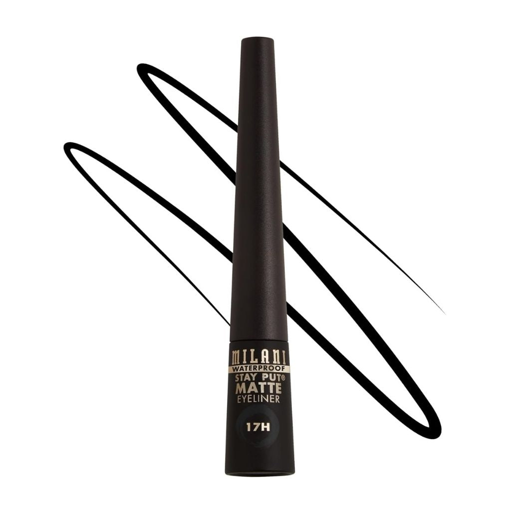Milani Stay Put Matte Eyeliner with application示范 on a white background