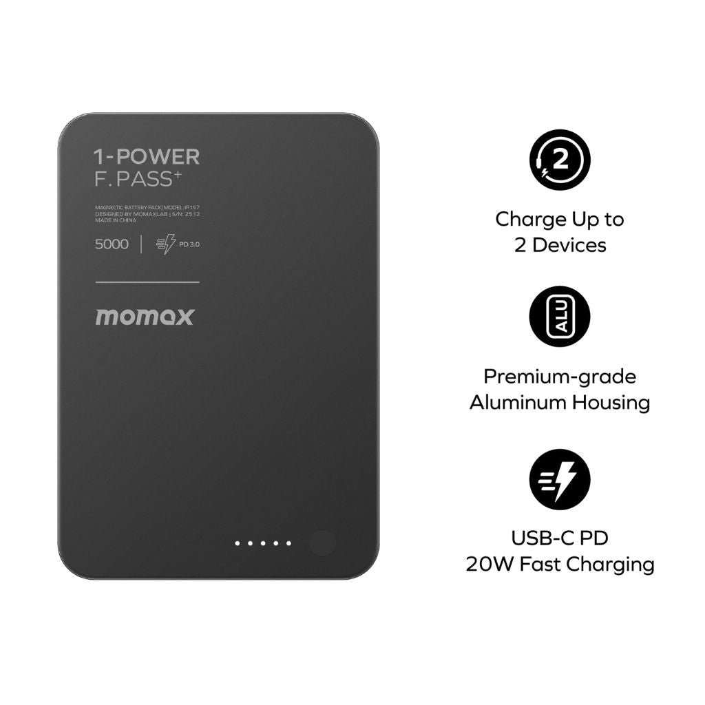 Momax 1-Power F.Pass+ 5000 mAh Power Bank With Built-In Cable & Magnetic Attachment