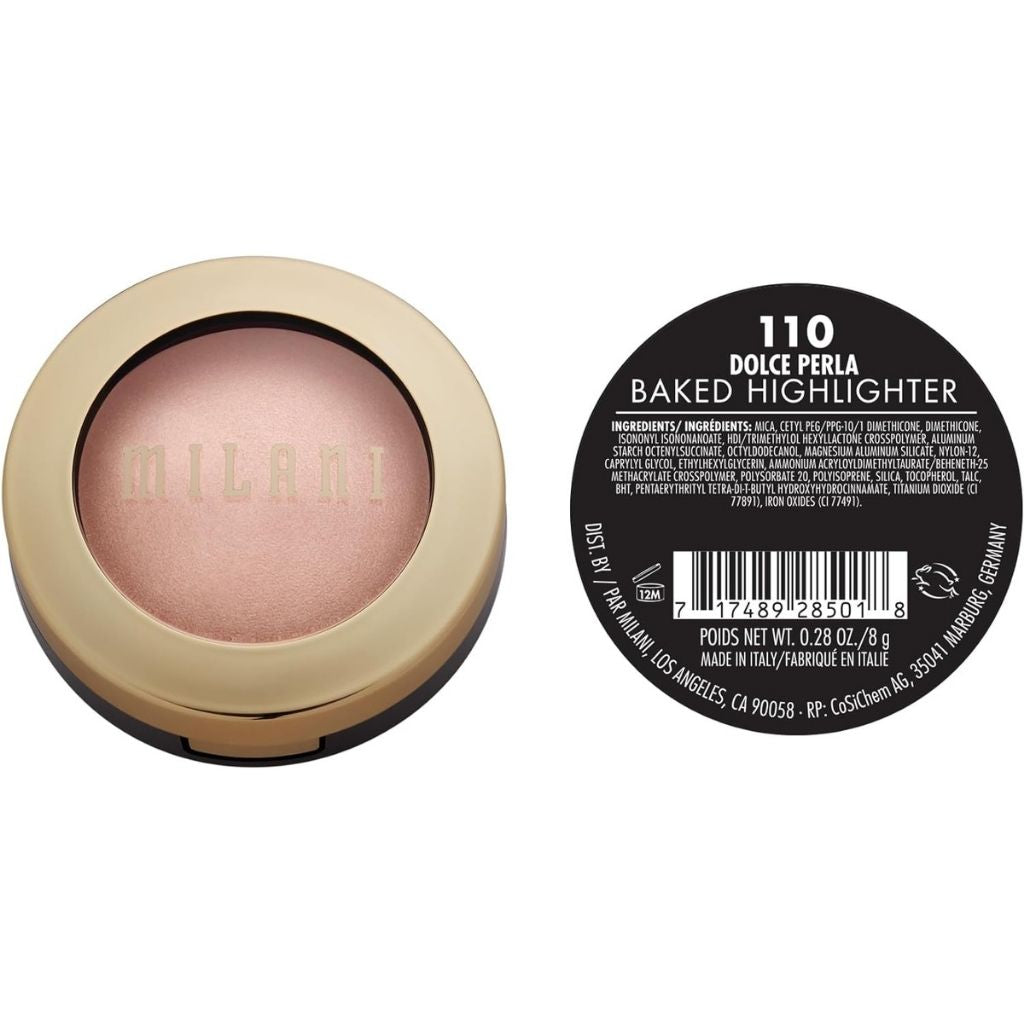Milani baked highlighter with packaging and label on a white background