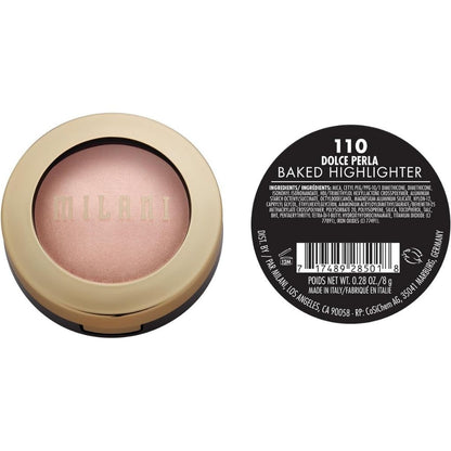 Milani baked highlighter with packaging and label on a white background