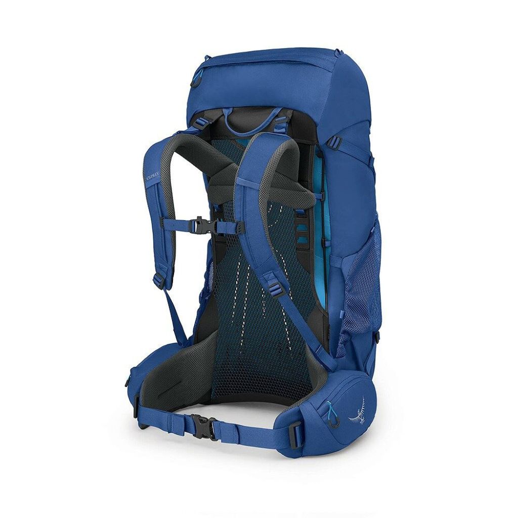 Blue hiking backpack on a white background