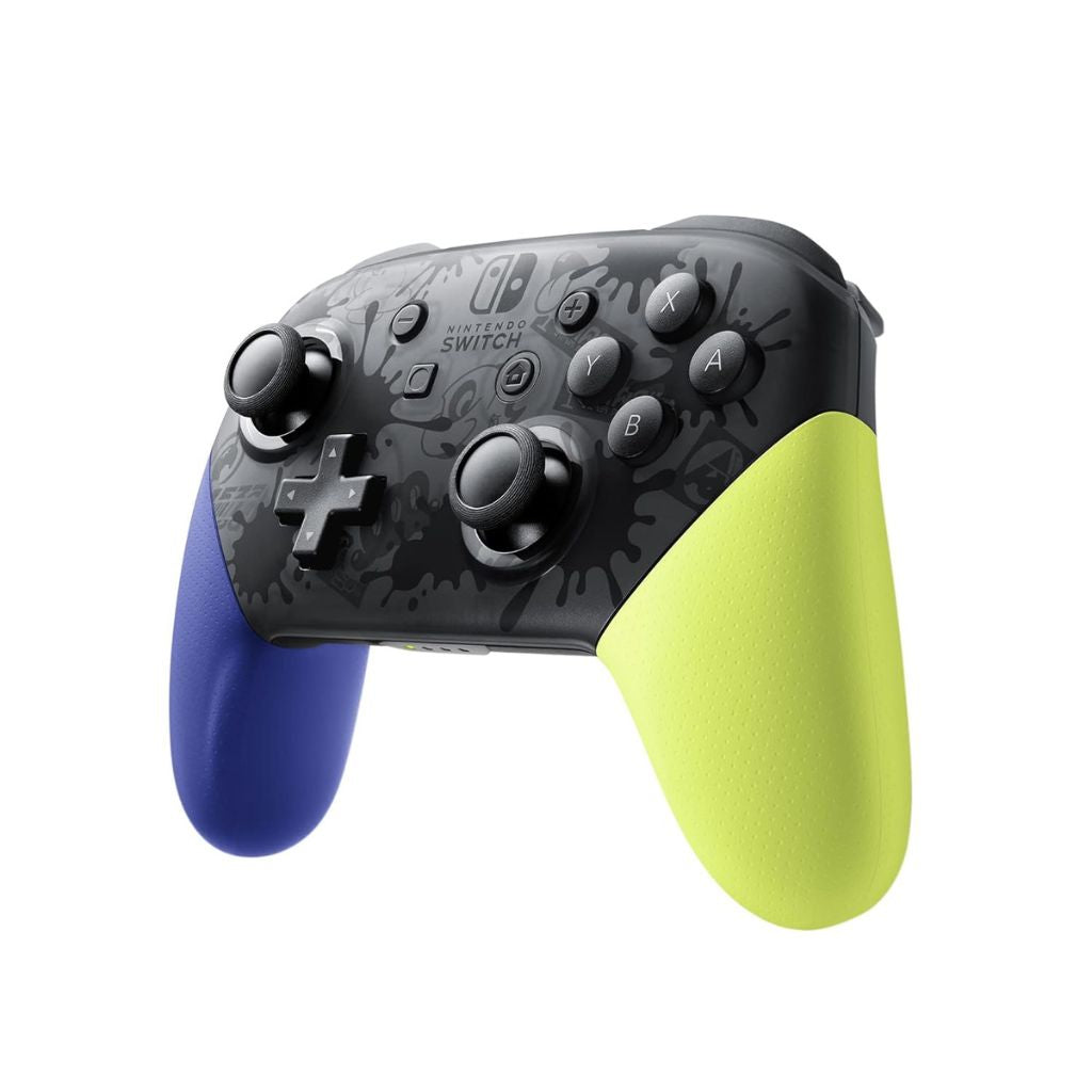 Nintendo Switch Pro controller with black, blue, and yellow design on a white background
