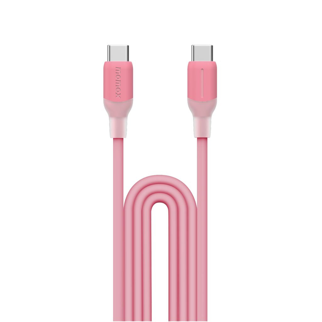 Pink charging cable with USB-C connectors on a white background
