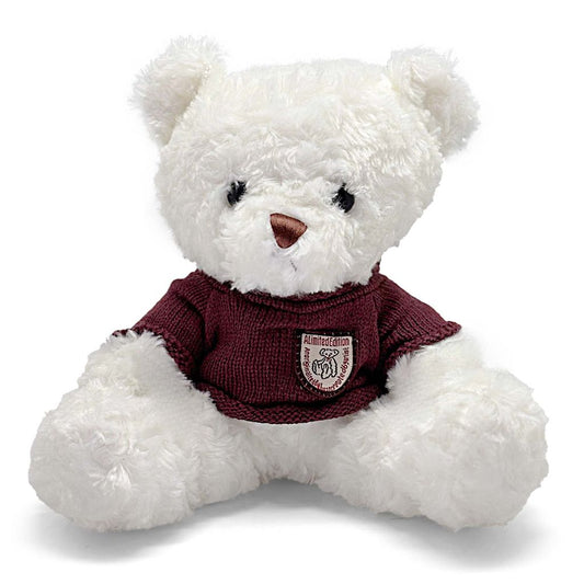 White teddy bear wearing a maroon sweater with a visible brand logo on a white background