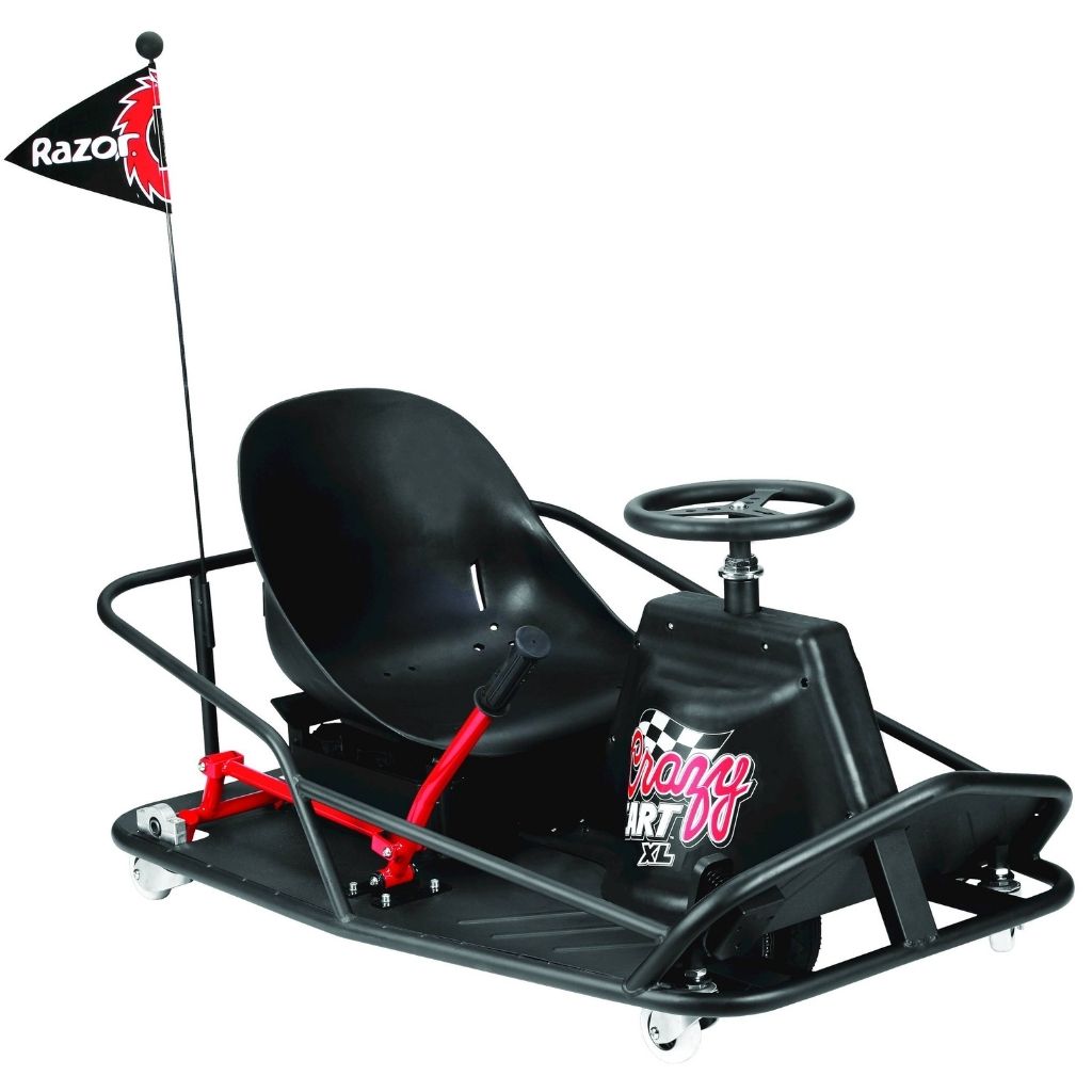 Black go-kart with steering wheel and Razor logo on a white background