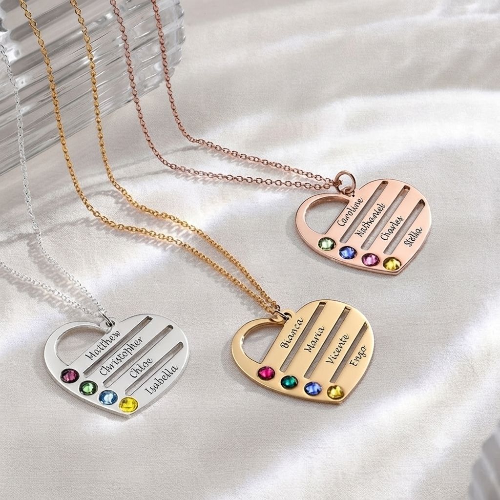 Angled Design Engraved Names Heart Necklace With Birthstones