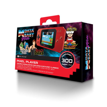 Pixel Player handheld gaming system packaging with Data East branding on a white background