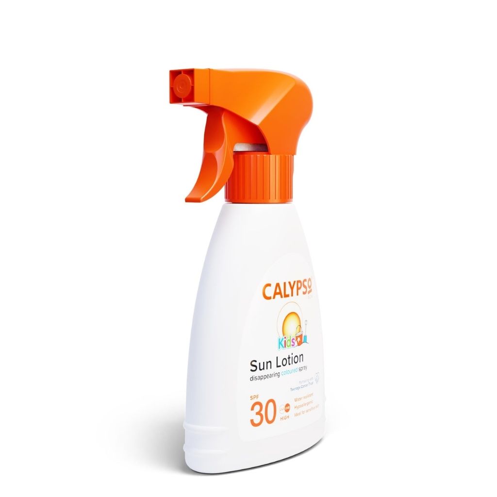 Calypso Kids sun lotion spray bottle with orange nozzle on a white background